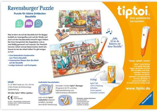 Ravensberger Matratzen Kinderpuzzle ab 3 Jahren - tiptoi® Puzzle für kleine Entdecker: Baustelle - 12 Teile Nur für heute