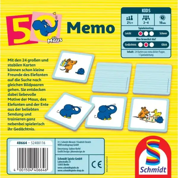 Schmidt Spiele Die Maus: Elefanten-Memo, 50. Geburtstag, Kinderspiel Online
