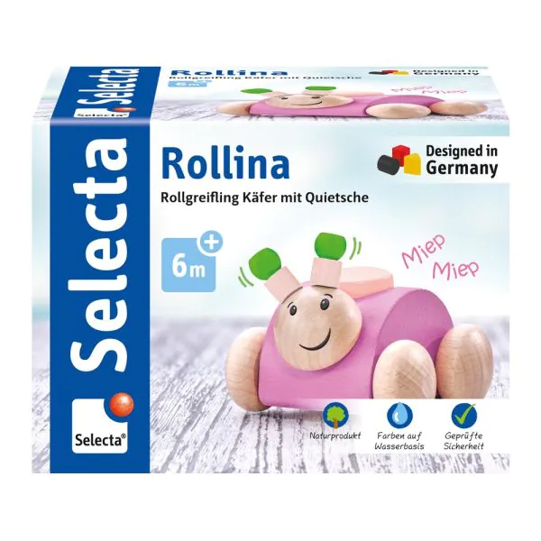 Schmidt Spiele Rollina, Rollgreifling Käfer mit Quietsche aus Holz, Rosa, 7,5 cm Kauf eins, bekomm eins gratis