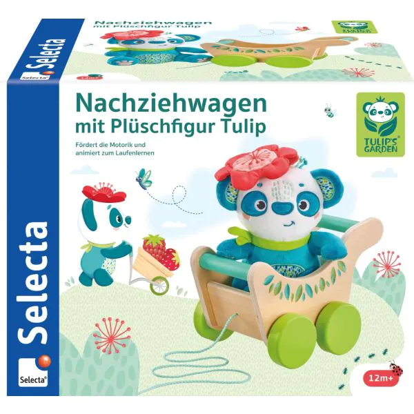 Schmidt Spiele TULIP'S GARDEN by SELECTA Soft Toy: Nachziehwagen mit Plüschfigur Tulip, 21 cm Große Rabatte