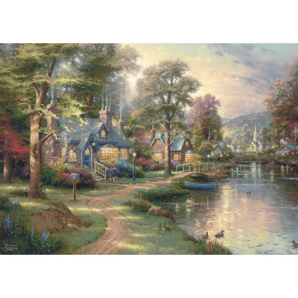 Schmidt Spiele Thomas Kinkade Studios: Dorf am See, 1.000 Teile Holzpuzzle Tiefpreis