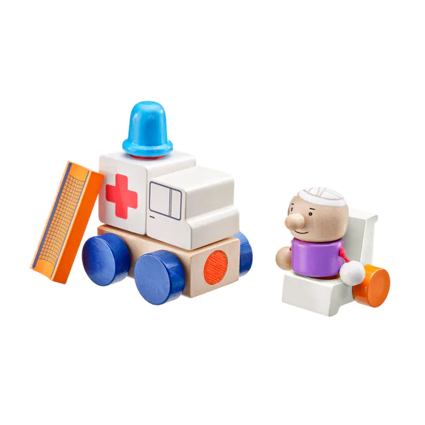 Schmidt Spiele Klettini® Krankenwagen, Klett-Stapelspielzeug aus Holz, 7 Teile Lagerräumung