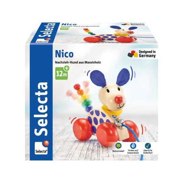 Schmidt Spiele Nico-Nachzieh-Hund, Schiebe-und Nachziehspielzeug aus Holz, 12 cm Limitierter Zeitrabatt
