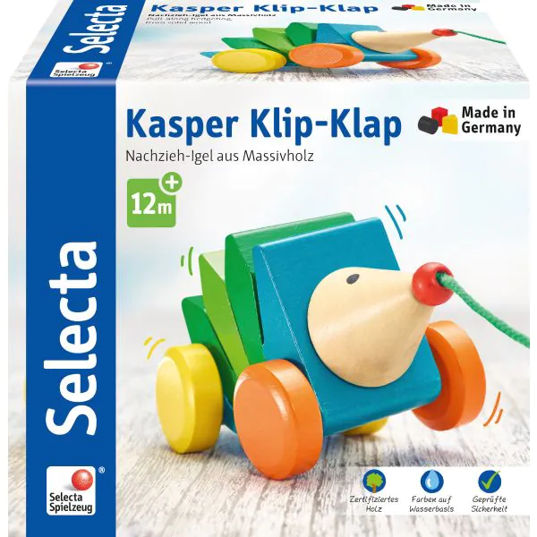 Schmidt Spiele Kasper Klip-Klap, Nachziehspielzeug aus Holz, 16cm Sonderangebot