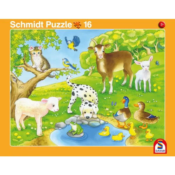 Schmidt Spiele 2 Kinder Rahmenpuzzle, 16 Teile Kuschelige Tierfreunde, 24 Teile Niedliche Tierkinder