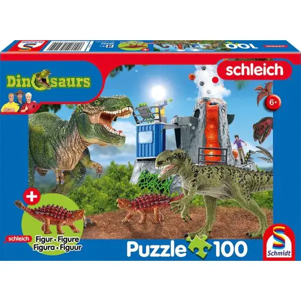 Schmidt Spiele Schleich ®: Dinosaurs – Dinosaurier der Urzeit, 100 Teile Kinderpuzzle mit Add-on (eine Original Saichania mini Figur)