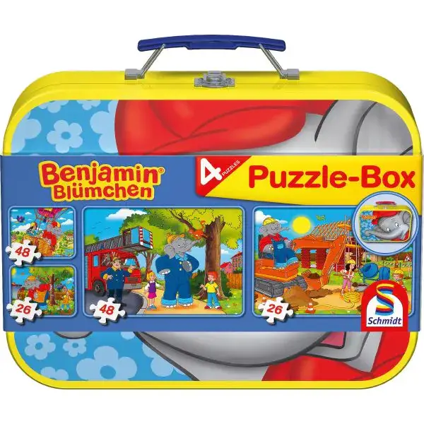 Schmidt Spiele Puzzle-Box: Benjamin Blümchen im Metallkoffer mit 4 Kinderpuzzles (2 x 26 und 2 x 48 Teile)