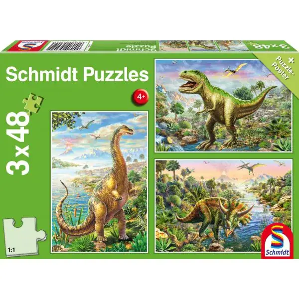 Schmidt Spiele Abenteuer mit den Dinosauriern, 3x48-teiliges Kinderpuzzle