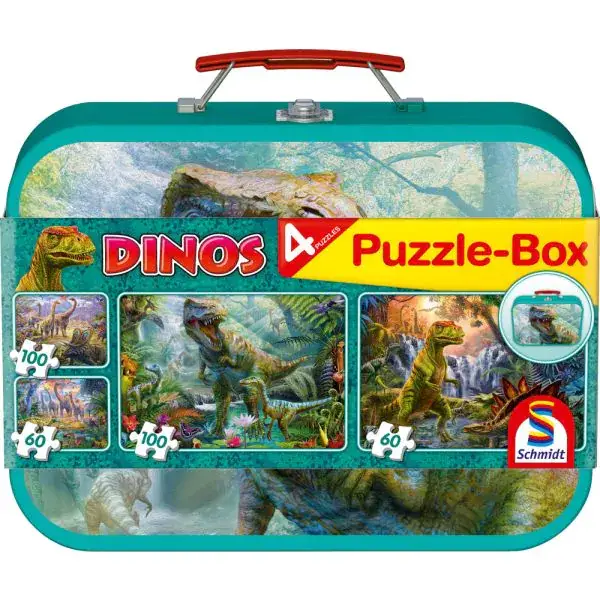 Schmidt Spiele Puzzle-Box: Dinos im Metallkoffer mit 4 Kinderpuzzles (2 x 60, 2 x 100 Teile)