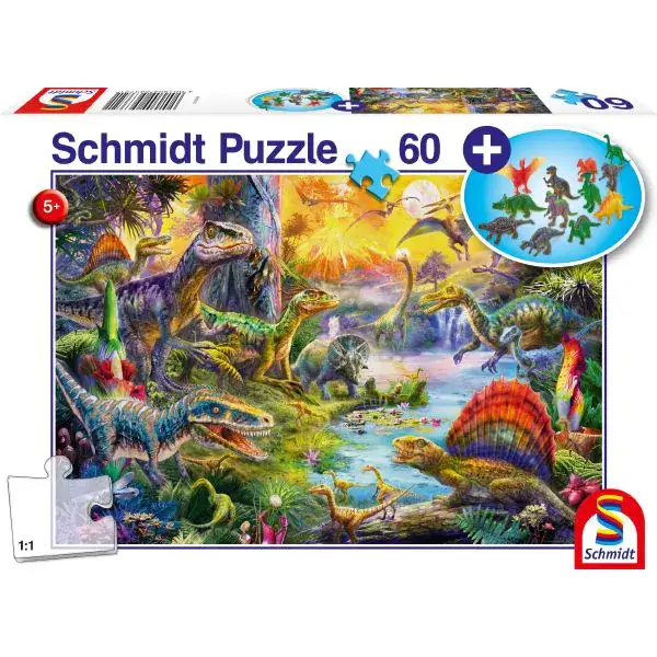 Schmidt Spiele Dinosaurier, 60 Teile Kinderpuzzle mit Add-on (Dinosaurier-Figuren-Set)