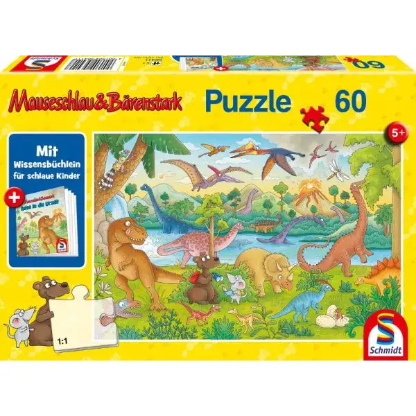 Schmidt Spiele Mauseschlau & Bärenstark: Reise in die Urzeit, 60 Teile Kinderpuzzle mit Add-on (Wissensbüchlein)