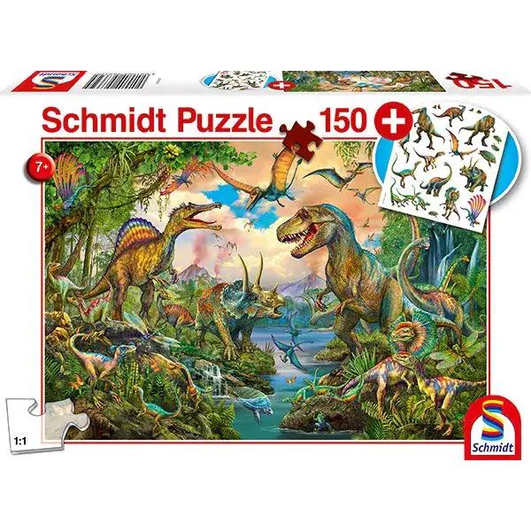 Schmidt Spiele Wilde Dinos, 150 Teile Kinderpuzzle mit Add-on (Tattoos Dinosaurier)
