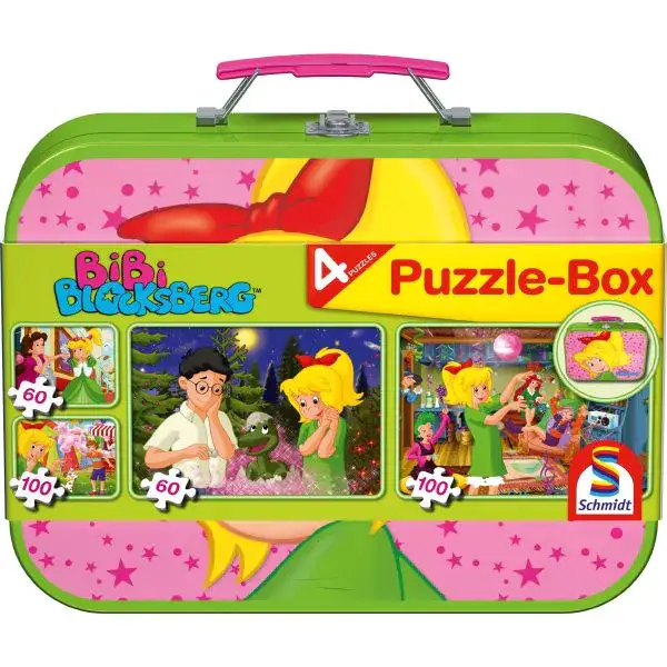 Schmidt Spiele Puzzle-Box: Bibi Blocksberg im Metallkoffer mit 4 Kinderpuzzles mit 4 Kinderpuzzle (2 x 60 Teile & 2 x 100 Teile) Lagerräumung