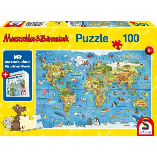 Schmidt Spiele Mauseschlau & Bärenstark: Reise um die Welt, 100 Teile Kinderpuzzle mit Add-on (Wissensbüchlein)