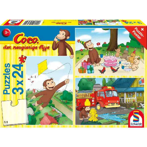 Schmidt Spiele Coco der neugierige Affe: Spaß mit Coco, 3x24 Teile Kinderpuzzle