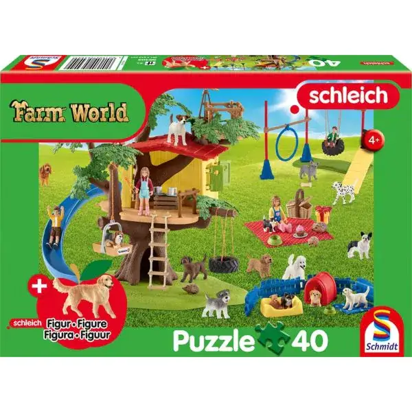 Schmidt Spiele Schleich ®: Farm World - Fröhliche Hunde, 40 Teile Kinderpuzzle mit Add-on (Original Figur)