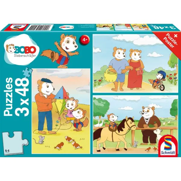 Schmidt Spiele Bobo Siebenschläfer: Auf ins Abenteuer, 3x48 Teile Kinderpuzzle
