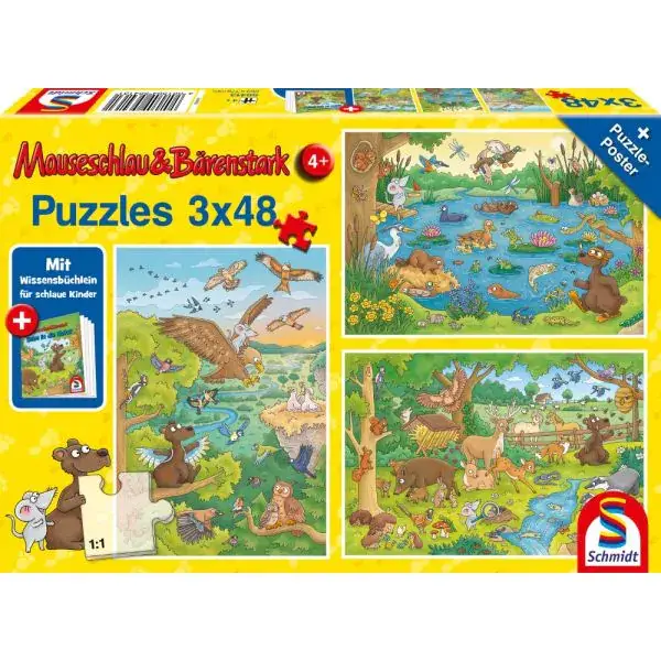 Schmidt Spiele Mauseschlau & Bärenstark: Reise in die Natur, 3x48 Teile Kinderpuzzle mit Add-on (Wissensbüchlein)