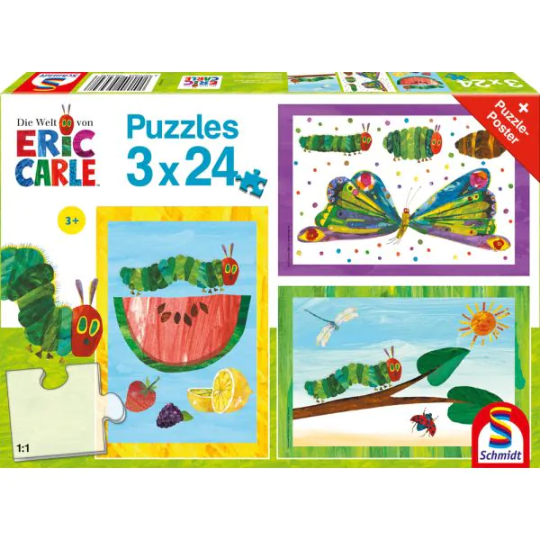 Schmidt Spiele Die kleine Raupe Nimmersatt: Raupe-Kokon-Schmetterling, 3x24 Teile Kinderpuzzle