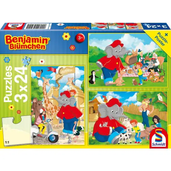 Schmidt Spiele Benjamin Blümchen: Im Zoo, 3x24-teiliges Kinderpuzzle