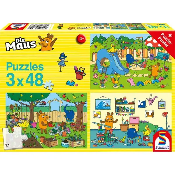 Schmidt Spiele Die Maus: Ein Tag mit der Maus, 3x48 Teile Kinderpuzzle Fabrikladen