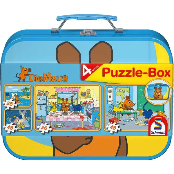 Schmidt Spiele Puzzle-Box: Die Maus im Metallkoffer mit 4 Kinderpuzzles (2 x 26 und 2 x 48 Teile)
