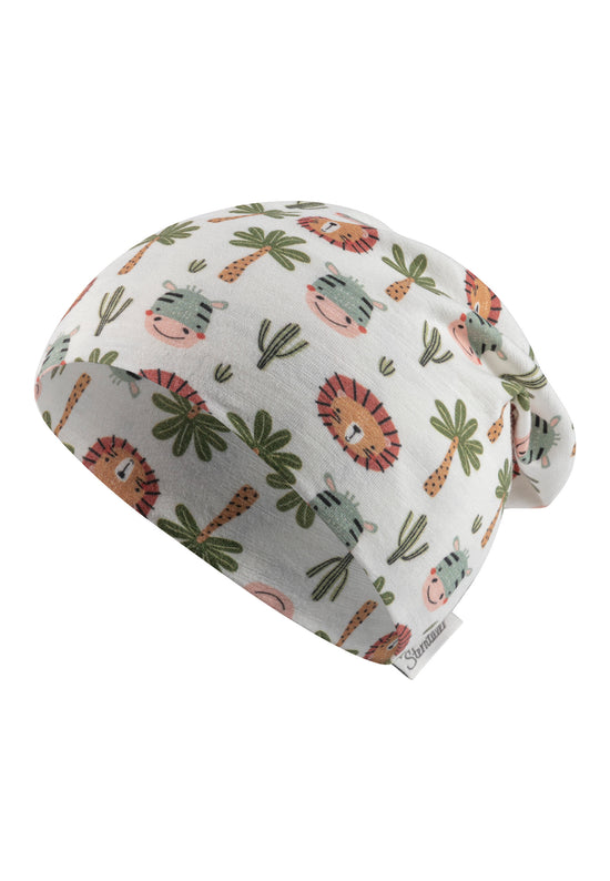 Sterntaler Beanie bedruckt mit niedlichen Safari-Tieren in ecru