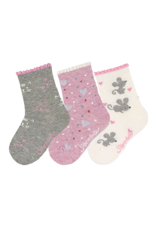 Sterntaler Socken im 3er-Pack Katzengesicht, Herz und Maus