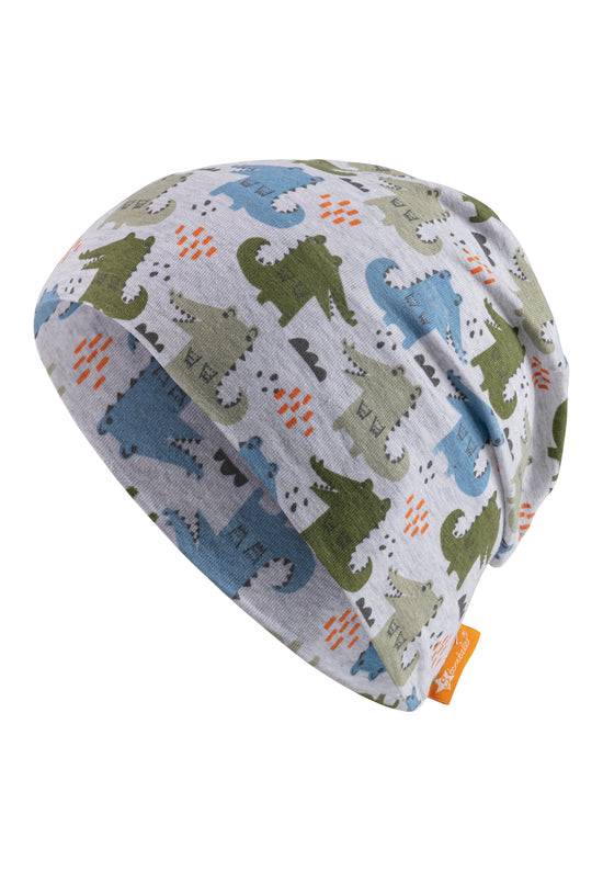 Sterntaler Beanie bedruckt mit bunten Krokodilen in silbergrau