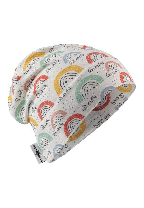 Sterntaler Beanie bedruckt mit bunten Regenbögen in ecru Fabrik Onlineshop