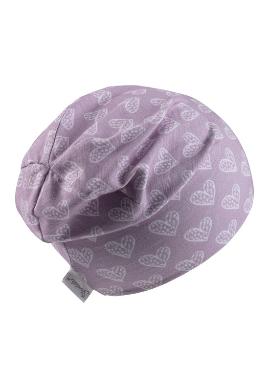 Sterntaler Beanie bedruckt mit Herzen in flieder Sonderangebot