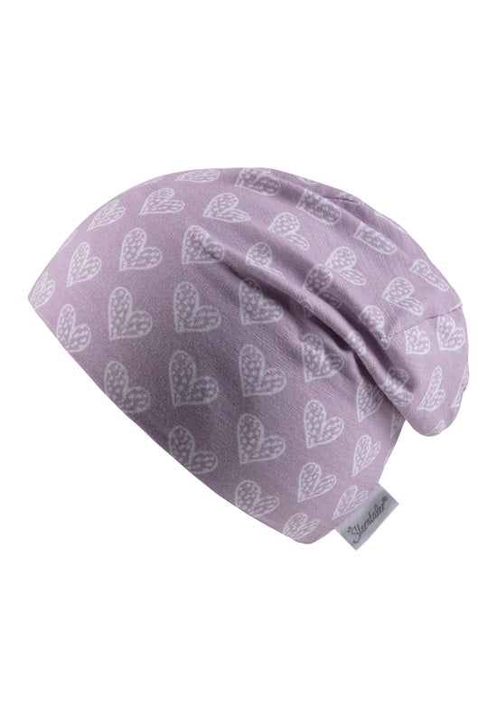 Sterntaler Beanie bedruckt mit Herzen in flieder Sonderangebot