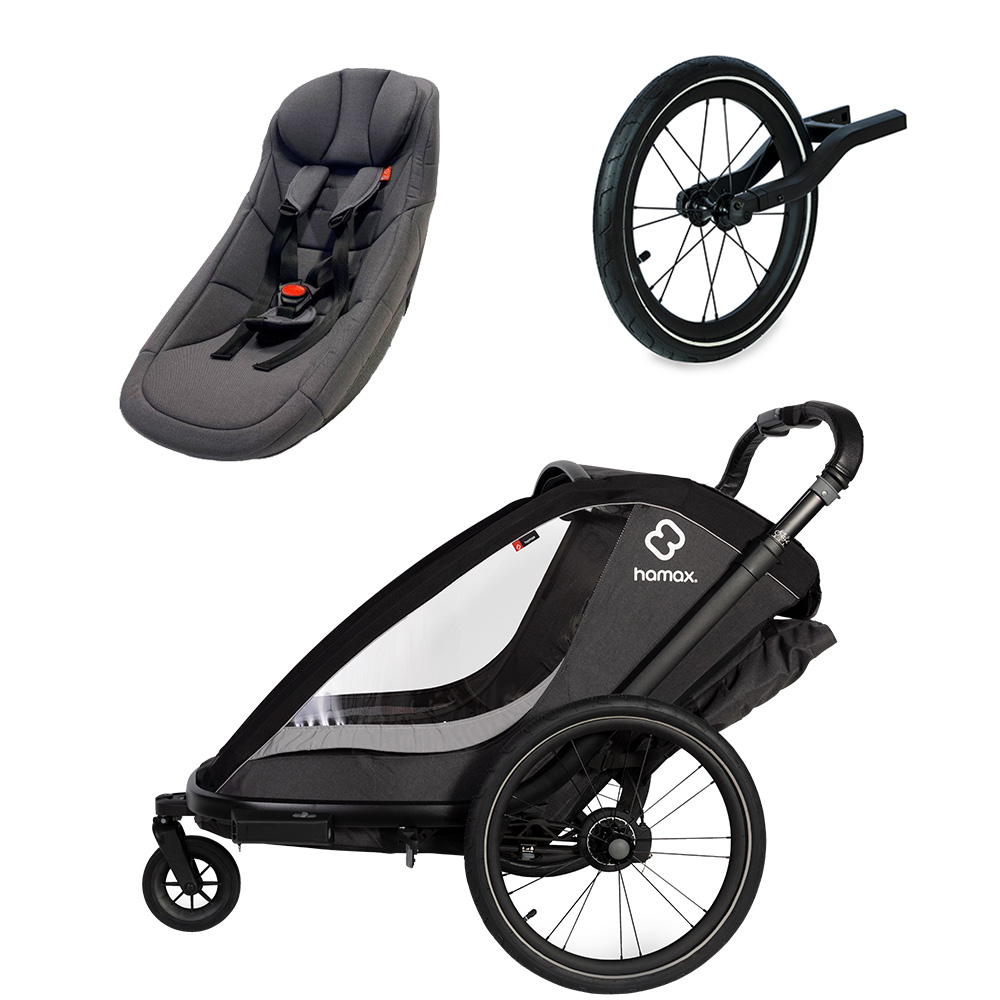 babymarkt Kinderfahrradanhänger Cocoon Zweisitzer grey/black inkl. Jogger Rad und Babysitz