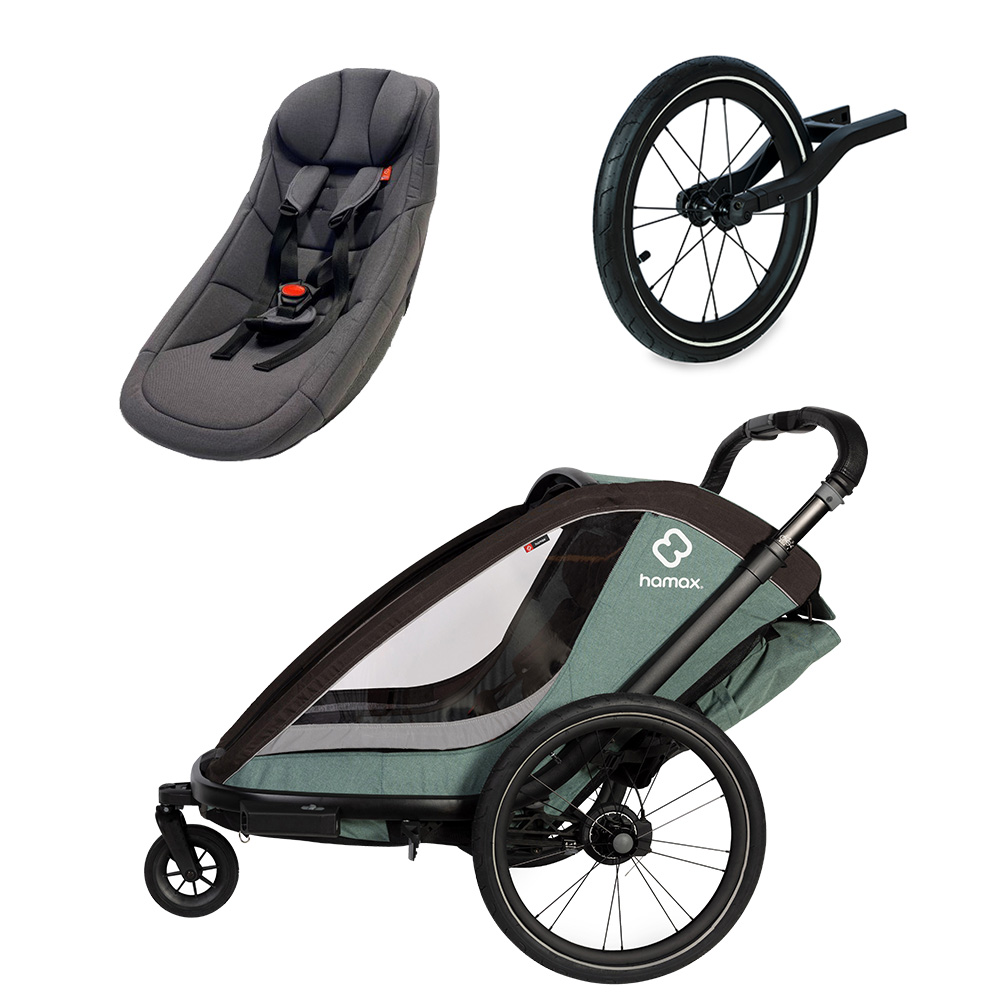 babymarkt Kinderfahrradanhänger Cocoon Zweisitzer green/black inkl. Jogger Rad und Babysitz