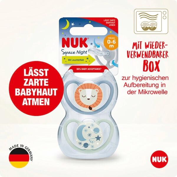 babywalz NUK2er-Pack Schnuller Space Night 0-6M Löwe / Sterne Valentinstagsangebot