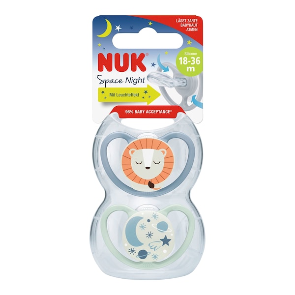 babywalz NUK2er-Pack Schnuller Space Night Silikon 18-36M Löwe / Sterne Tiefpreis