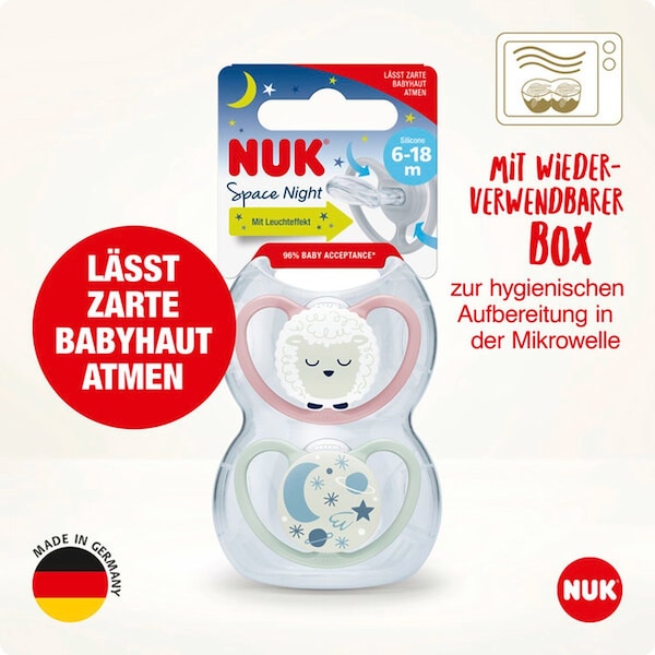 babywalz NUK2er-Pack Schnuller Space Night Silikon 18-36M Löwe / Sterne Tiefpreis