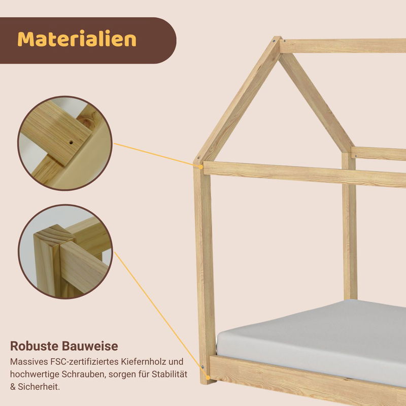 babyonlineshop Artkid Haley Natur Montessori Hausbett Bodenbett 90x200 inkl. Lattenrost Kiefer Rabatte dieses Monats