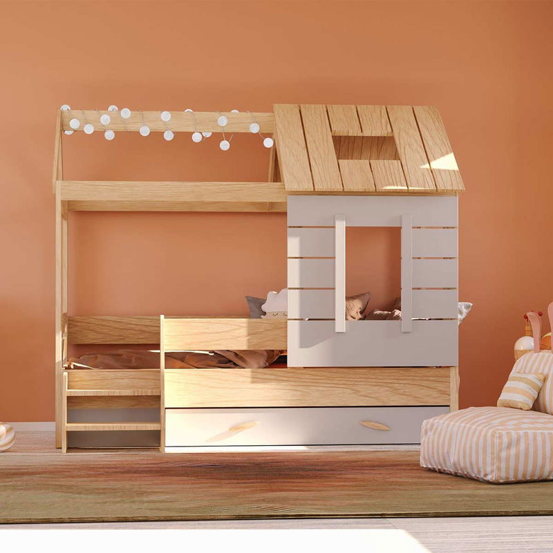 babyonlineshop Nature Kid My House Hausbett natur 90 x 200 cm inkl. Stoffdach und Bettkasten Günstig kaufen