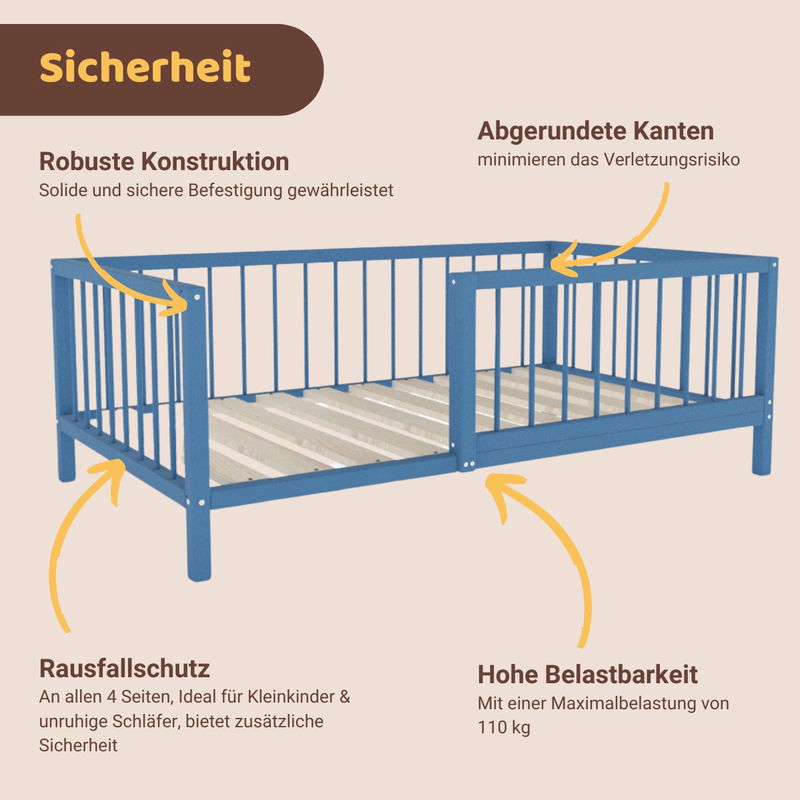 babyonlineshop Artkid Daniel Kinderbett montessori Bodenbett mit Rausfallschutz 90 x 160 cm blau Kiefer massiv 50% Rabatt für begrenzte Zeit