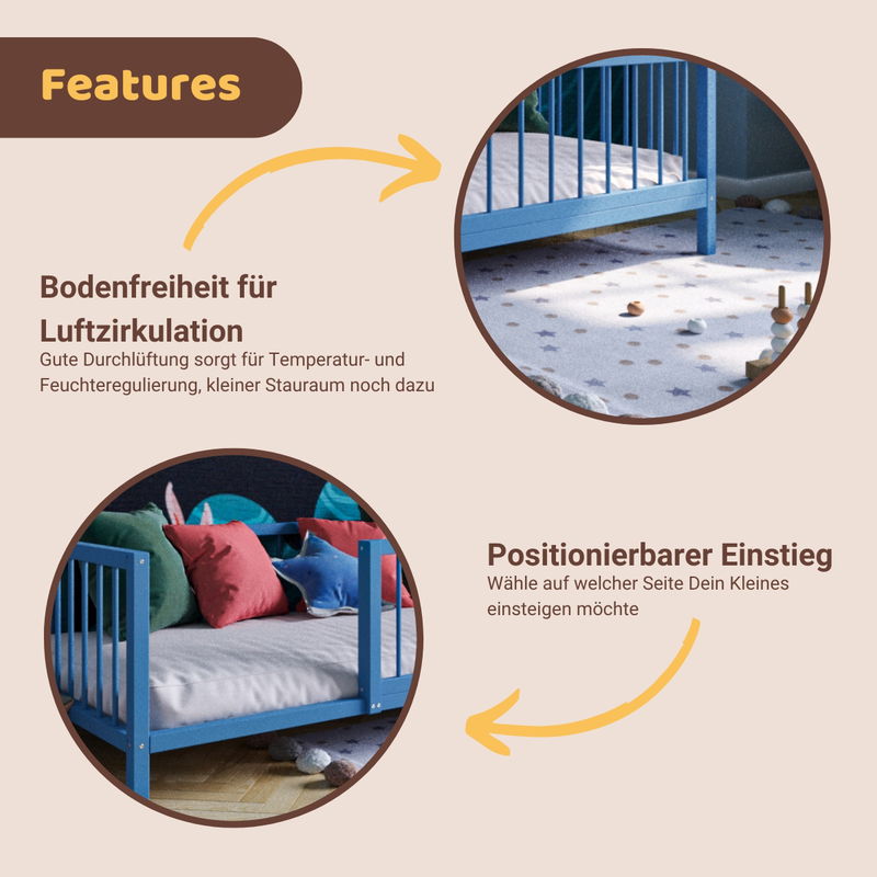 babyonlineshop Artkid Daniel Kinderbett montessori Bodenbett mit Rausfallschutz 90 x 160 cm blau Kiefer massiv 50% Rabatt für begrenzte Zeit