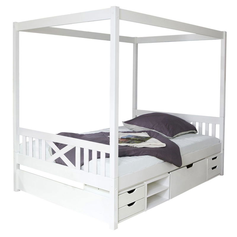 babyonlineshop Ticaa Himmelbett Lino Kiefer Weiß - Regalelement Massivholz - 140 x 200 cm Zeitlich begrenztes Angebot