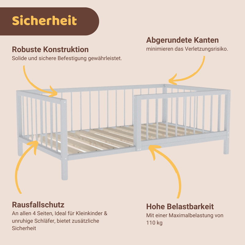 babyonlineshop Artkid Daniel Kinderbett 90 x 160 cm montessori Bodenbett mit Rausfallschutz weiß Kiefer massiv Bestseller
