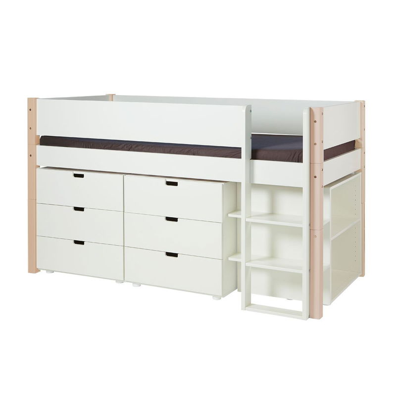 babyonlineshop Manis-h Halbhohes Bett ARN 90x200 cm Pfosten Buche inkl. Kommoden & Regal - 22 Farben wählbar ( Farbe Bett: Snow White / -11 mit Absturzsicherung NORMAL 10400-Farbe Snow White / -11 Snow White / -11) Riesige Ersparnisse