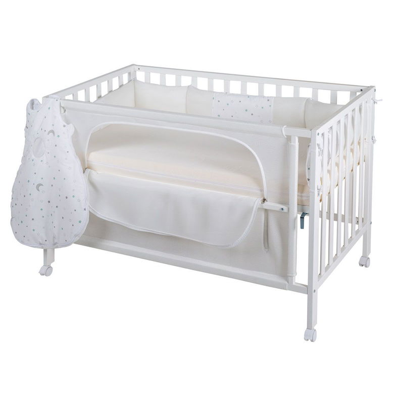 babyonlineshop Roba Room Bed safe asleep® Sternenzauber - Weiß inkl. Nestchen Air Matratze & Schlafsack Easy Air