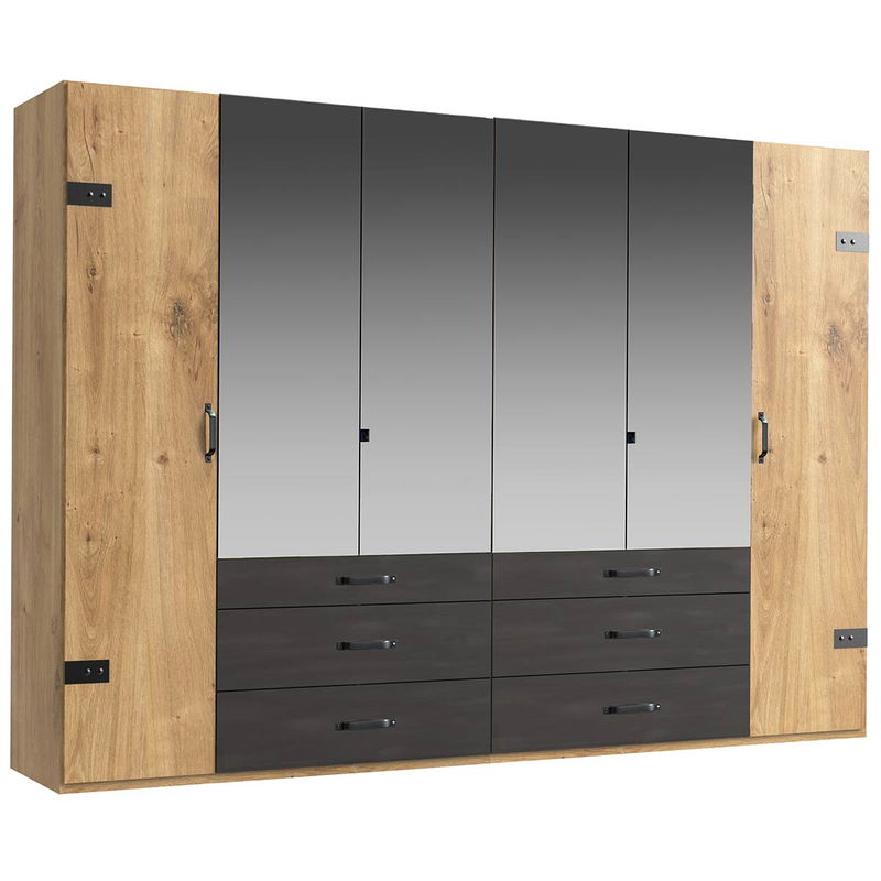 babyonlineshop Wimex Detroit Kleiderschrank 300 cm 4 Spiegel Plankeneiche Dekor/Raw steel