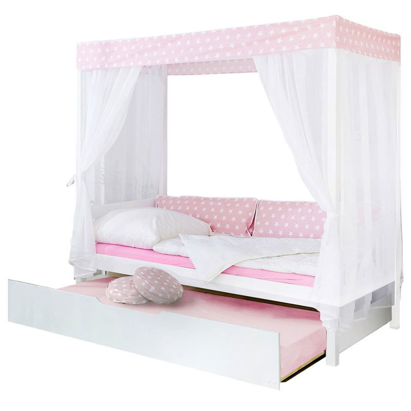 babyonlineshop Ticaa Himmelbett Stern Rosa Kiefer Weiß inkl. Bettkasten & Tüll-Textilien - 90 x 200 cm Tiefpreis