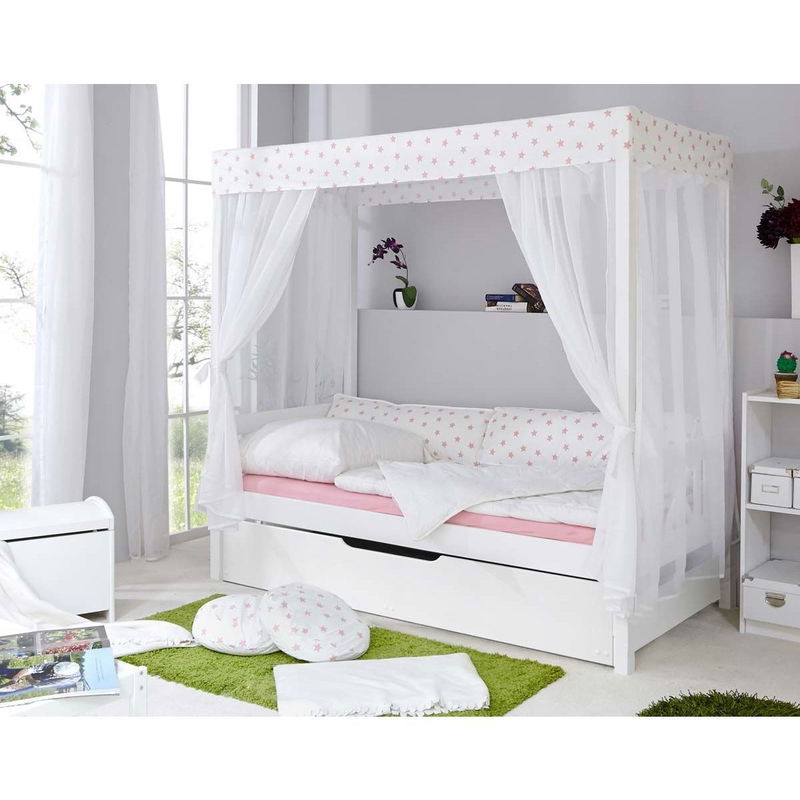 babyonlineshop Ticaa Himmelbett Stern Weiß-Rosa Kiefer Weiß inkl. Bettkasten & Tüll-Textilien - 90 x 200 cm