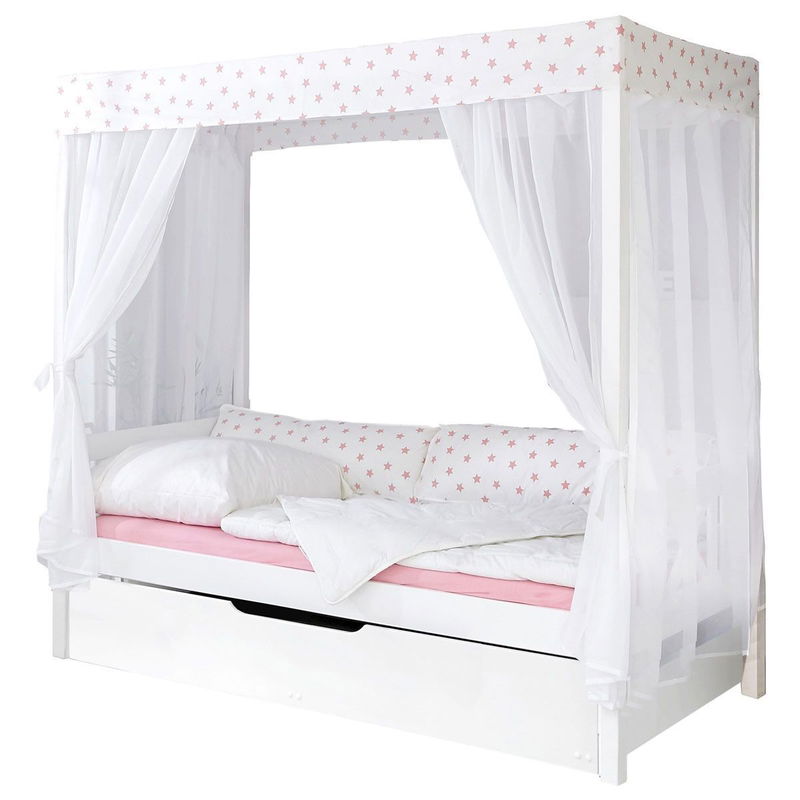 babyonlineshop Ticaa Himmelbett Stern Weiß-Rosa Kiefer Weiß inkl. Bettkasten & Tüll-Textilien - 90 x 200 cm Super Sparpreis