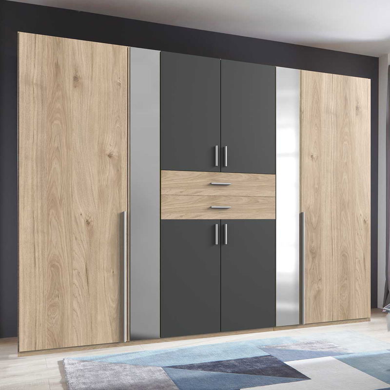 babyonlineshop Wimex Vanea Kleiderschrank 2 Spiegel 270 cm Hickory-oak Dekor/Graphit